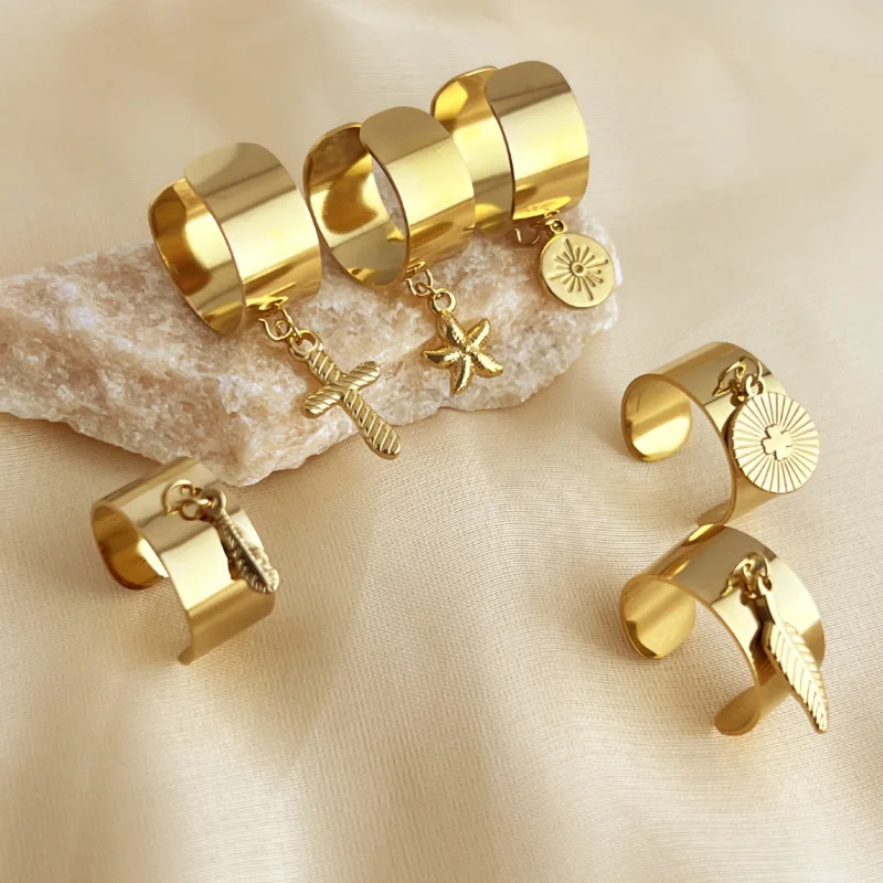 Neue Punk Gold Farbe Edelstahl Geometrische Ringe Für Frauen Unisex Feder Seestern Kreuz Anhänger Breiten Ring Partei Schmuck – Detail 1