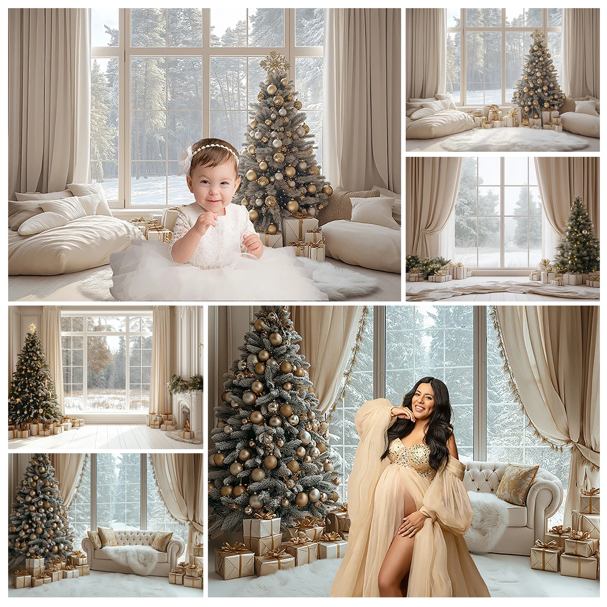 

Рождественские елки, снежные окна, диван, одеяло, подарки, фоны для фотосессии, детские домашние рождественские классические фоны