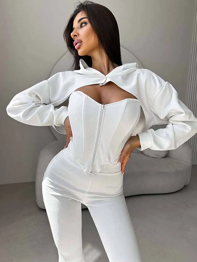 BKQU محب 3 قطعة مجموعة المرأة حمالة البريدي مشد مقنعين كم طويل المحاصيل القمم مضيئة السراويل دعوى الخريف مثير Y2k الشارع وتتسابق