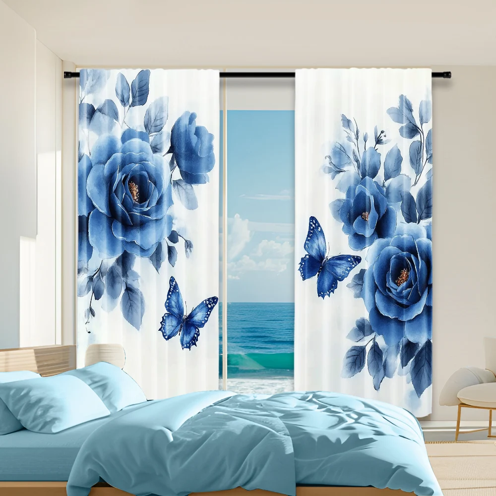 

2 pcs, versatile polyester transparent curtains for home decoration Butterfly Floral for use in bedrooms and living rooms