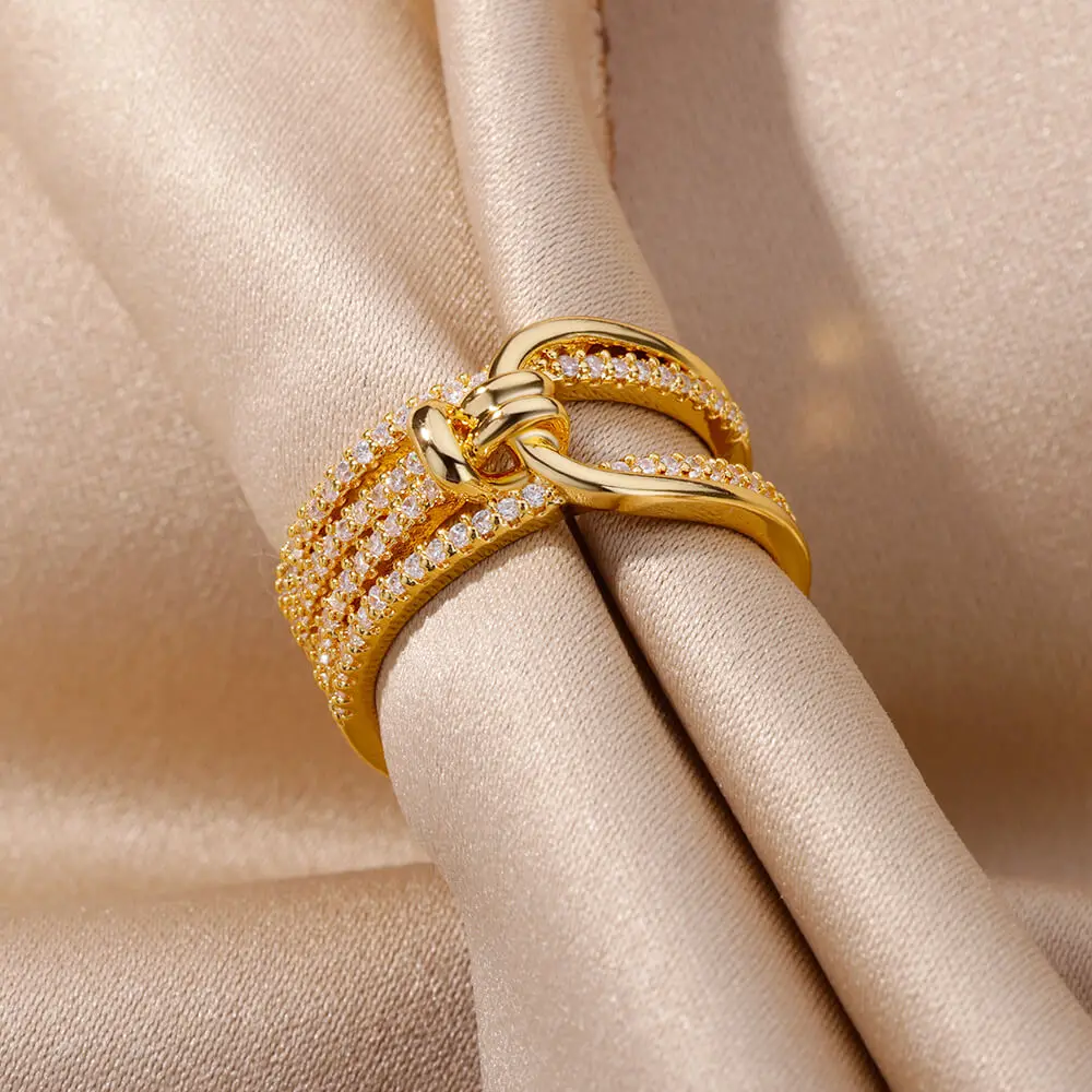 Luxury Double Layers Zircon Rings for Women Gold Plated Opening Stainless Steel Ring 2023 Trend Aesthetic Party Wedding Jewelry