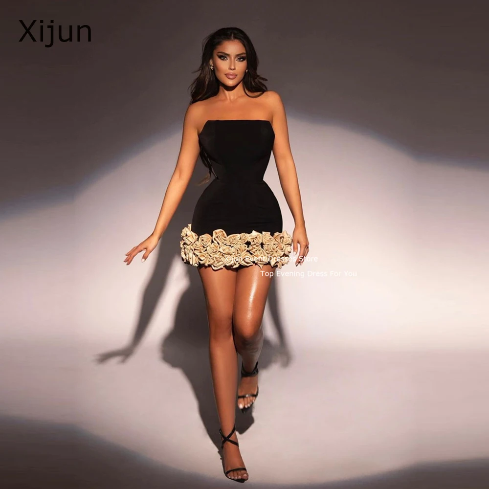 Xijun Modern Black Velvet Short Prom Party Dresses Strapless 3D Flowers Mini Cocktail Dress Formal Event Night Gowns Evening2024