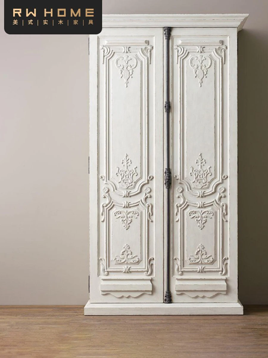 

French solid wood wardrobe children's room girls' room wardrobe American European carved white two-door furniture