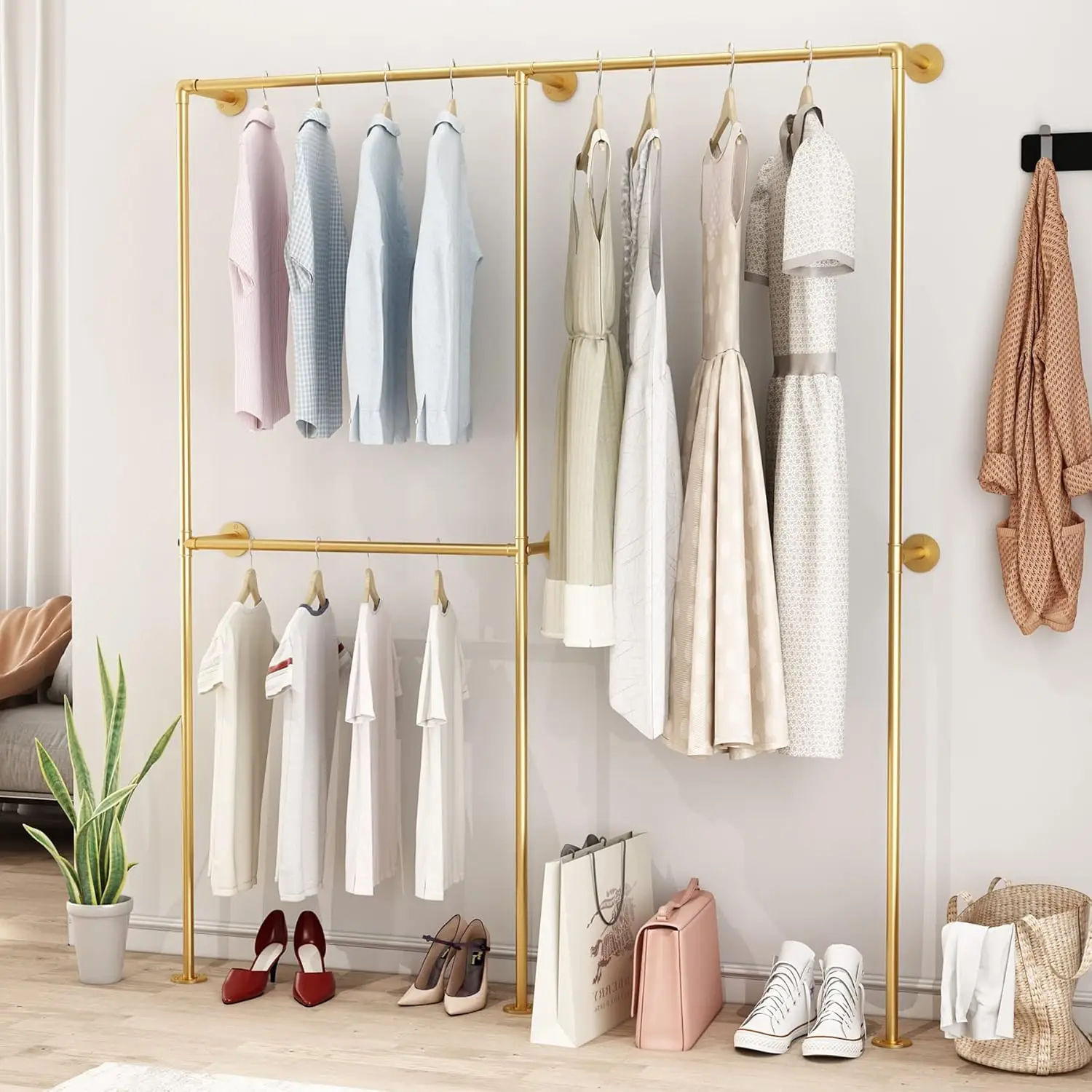 

Racks with Double Bar, Industrial Pipe Clothes Racks Wall Mounted, Heavy Duty Gold Closet Rods for