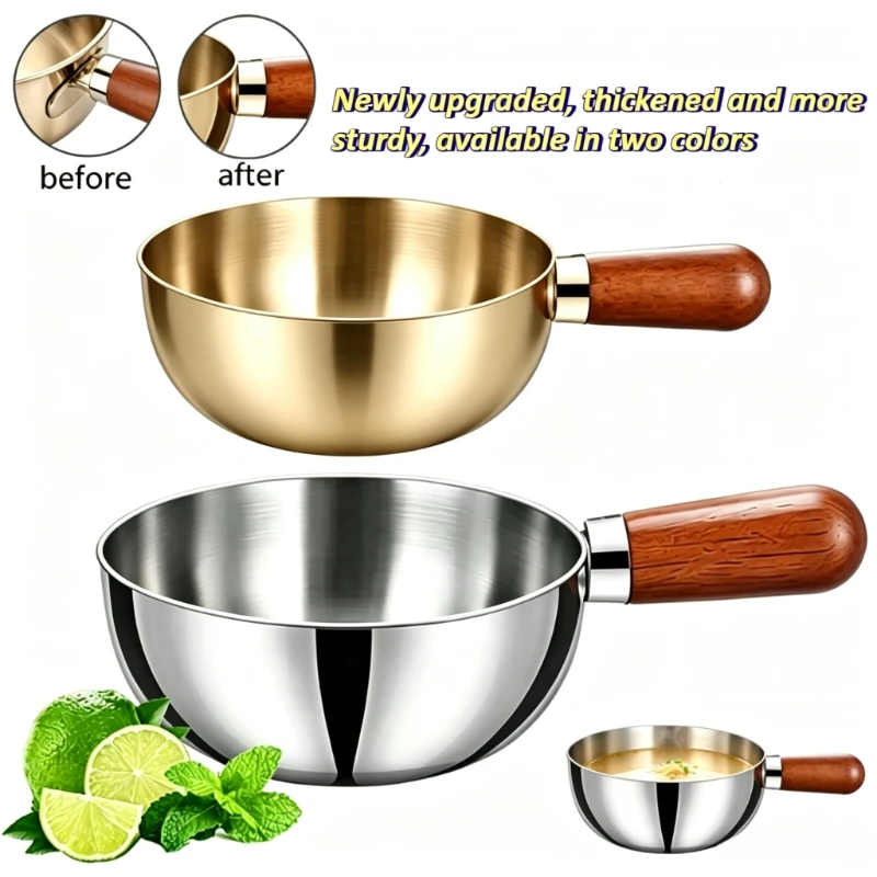 1PC Stainless Steel Milk Pot Saucepan with Wooden Handle - Induction Compatible, Non-Slip Base, Quick Even Heat for Kitchen