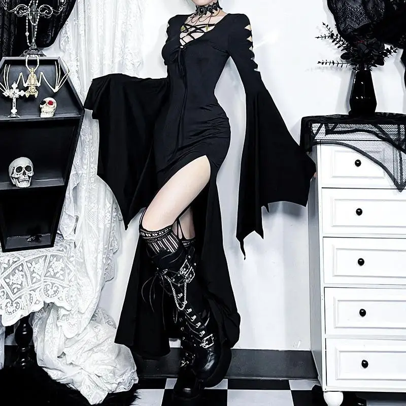 Loween Sexy Slim Fit Witch Dr cintura alta Bat Sve Color puro KTV vestido de noche para ocasiones especiales de mujer