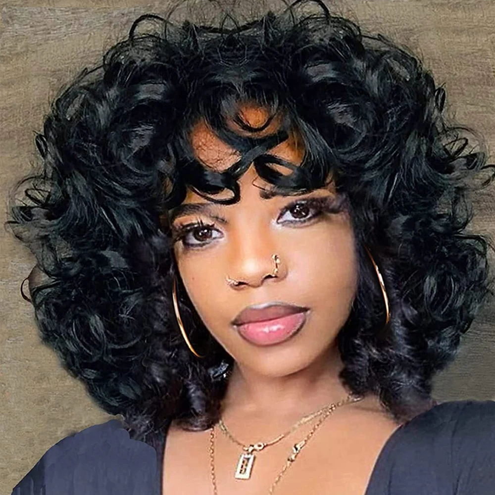 Bouncy Curly Human Hair Wig With Bangs Pixie Cut Bob Wigs Romance Curl Human Hair Wig Full Machine Made Scalp Wig For Women Wig