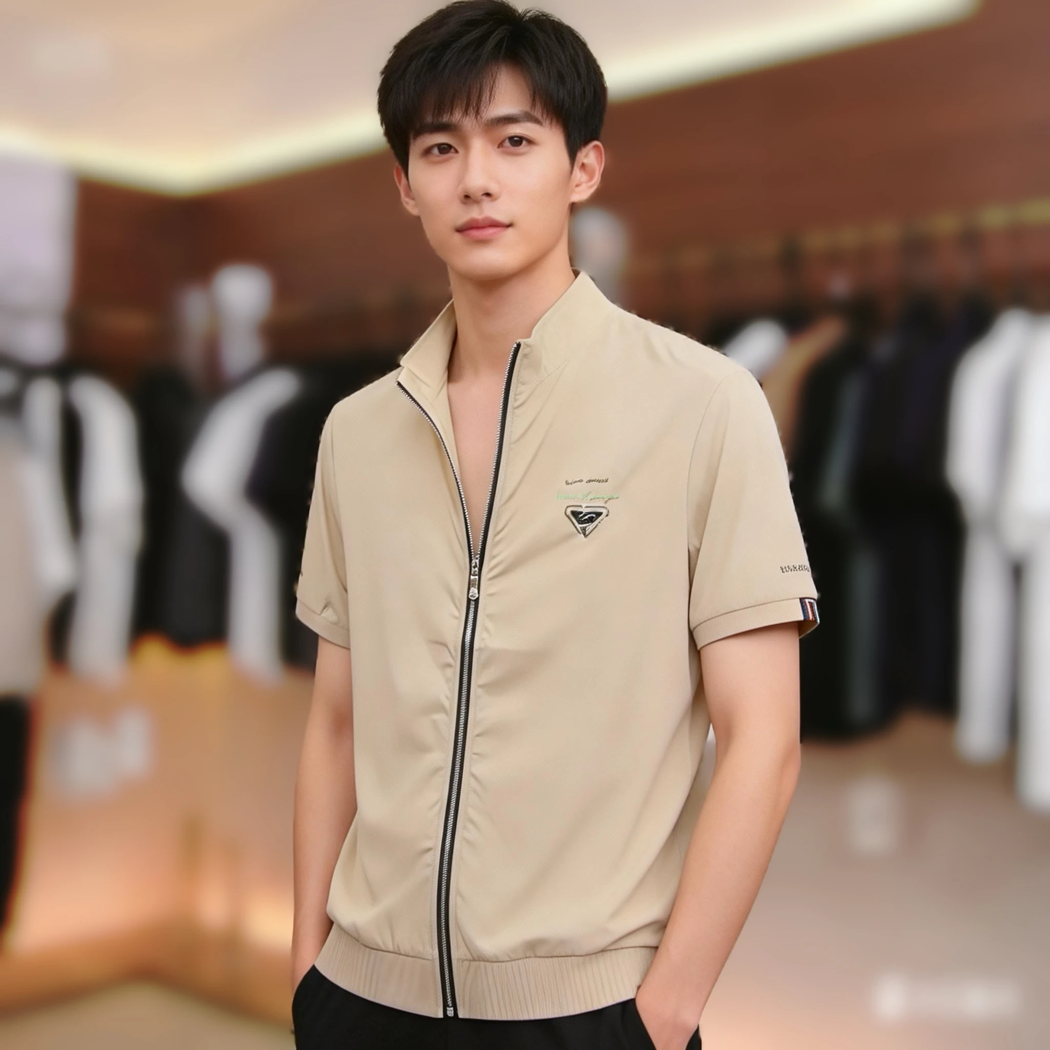 

Zipper Collar Short Sleeve T-Shirt Men's Summer New Style Casual Breathable Comfortable Print Design round Neck Regular Fit