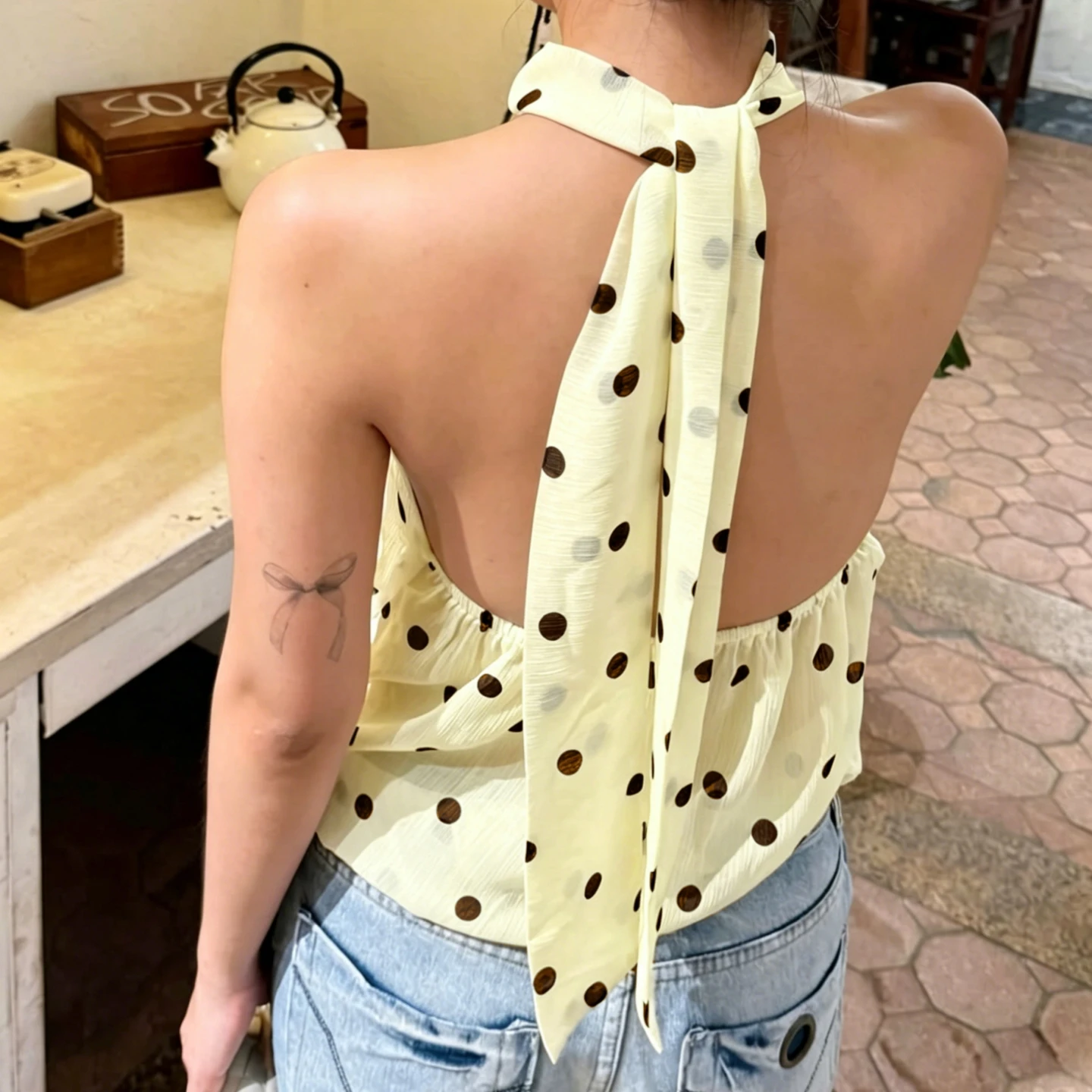 Hugcitar Chiffon-Neckholder-Top mit Polka-Dot-Print, rückenfrei, mit Schnürung, sexy, durchsichtig, Crop-Tank-Top, Damenmode, Kleidung, Strandurlaub – Detail 28