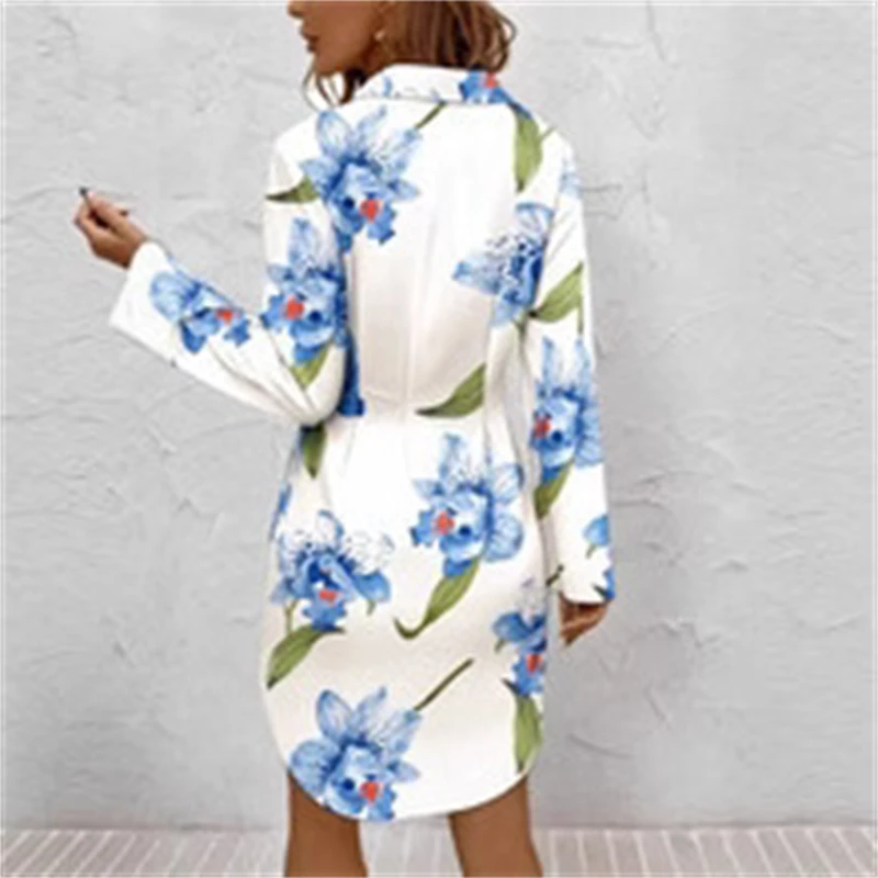 2025 nuove donne casual stampa manica lunga cintura con cravatta abito camicia abito camicetta tunica per abiti estivi da indossare ogni giorno