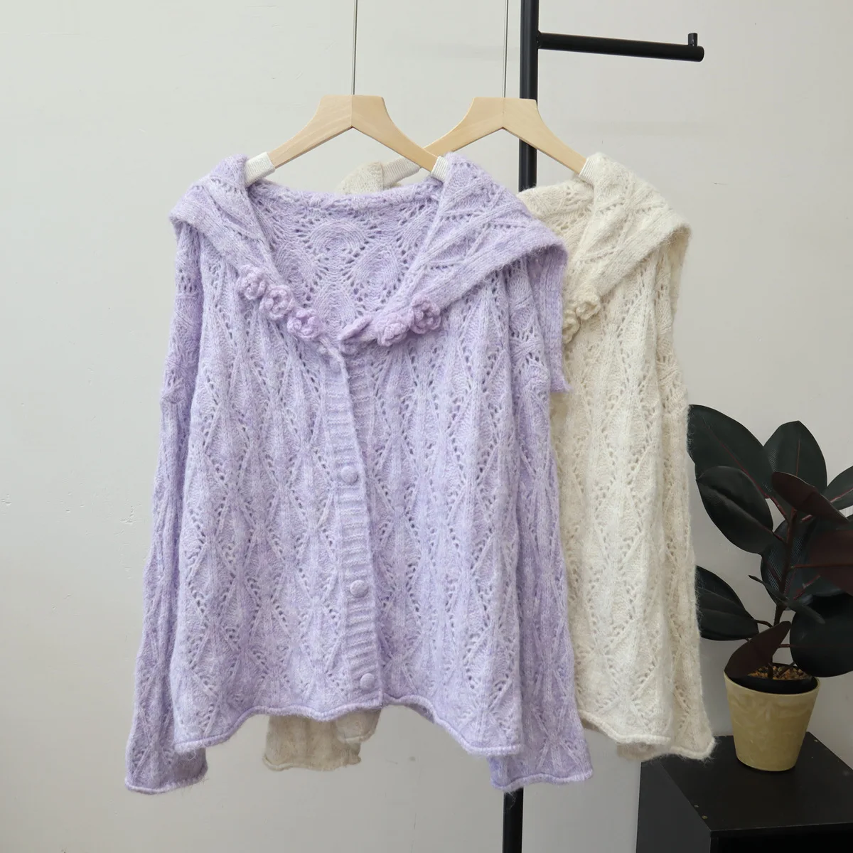 

Women Knitted Cardigan Casual Jumpers 3D Floral Solid Sailor Collar Long Sleeves Single Breasted Loose Office Lady 2025 Autumn