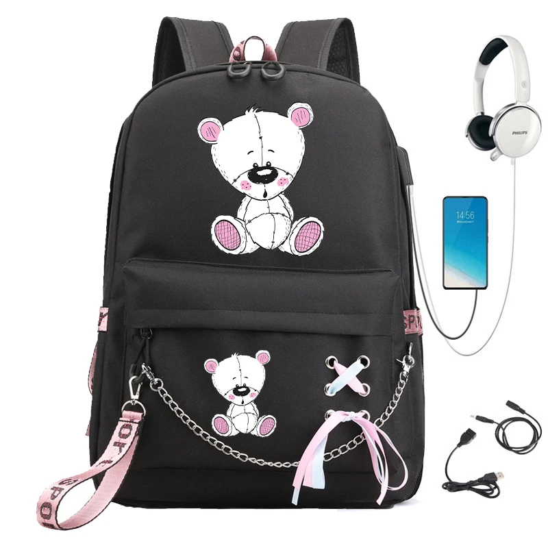 Niedliche Zeichnung Teddy Print Schult asche für College-Studenten wasserdichten Rucksack trend ige Mädchen Cartoon Anime Laptop-Rucksäcke