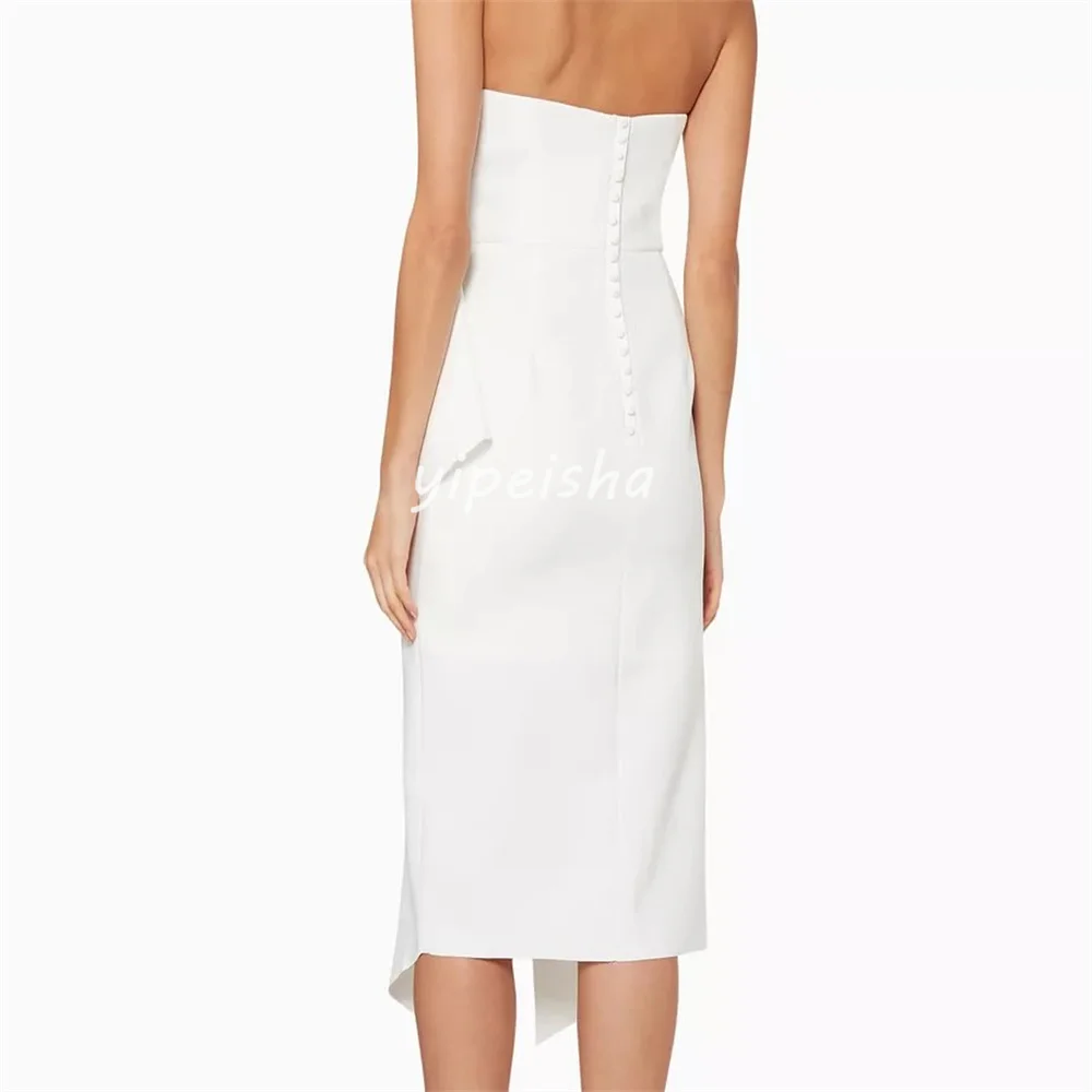 Customized Sizes Available Jersey Bow Ruched Button Straight Strapless Midi Dresses Bespoke Occasion Dresses High Quality Retro