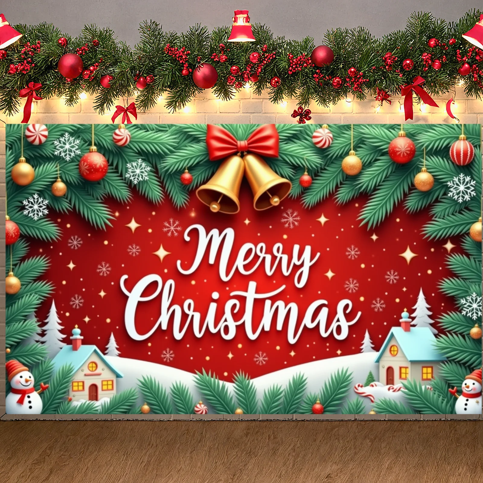Merry Christmas Banner Small Houses Christmas Display Holiday Event Background Gold Bells Festive Display For Festive Gathering
