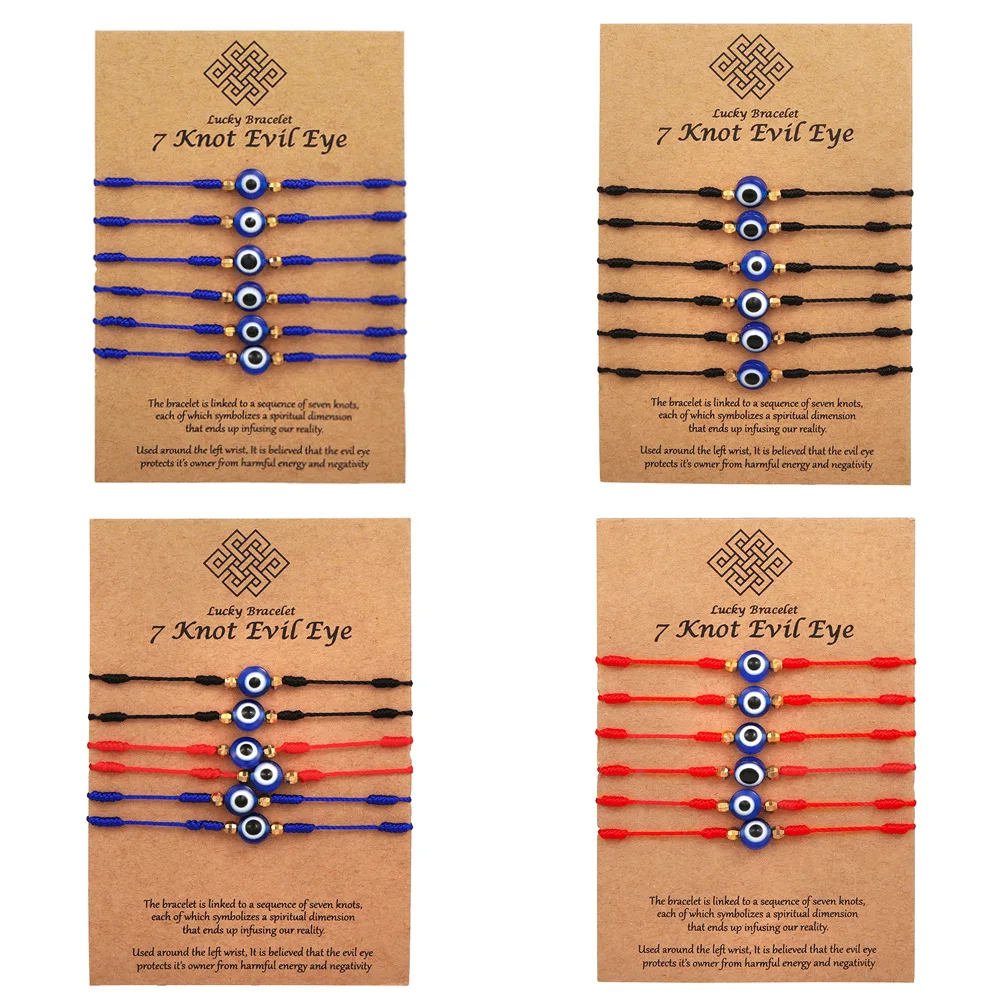 Lucky 7 Knot Turkish Evil Eye Bracelet Jewelry Women Handmade Adjustable Blue Red Black String Ethnic Style Bijoux With Card