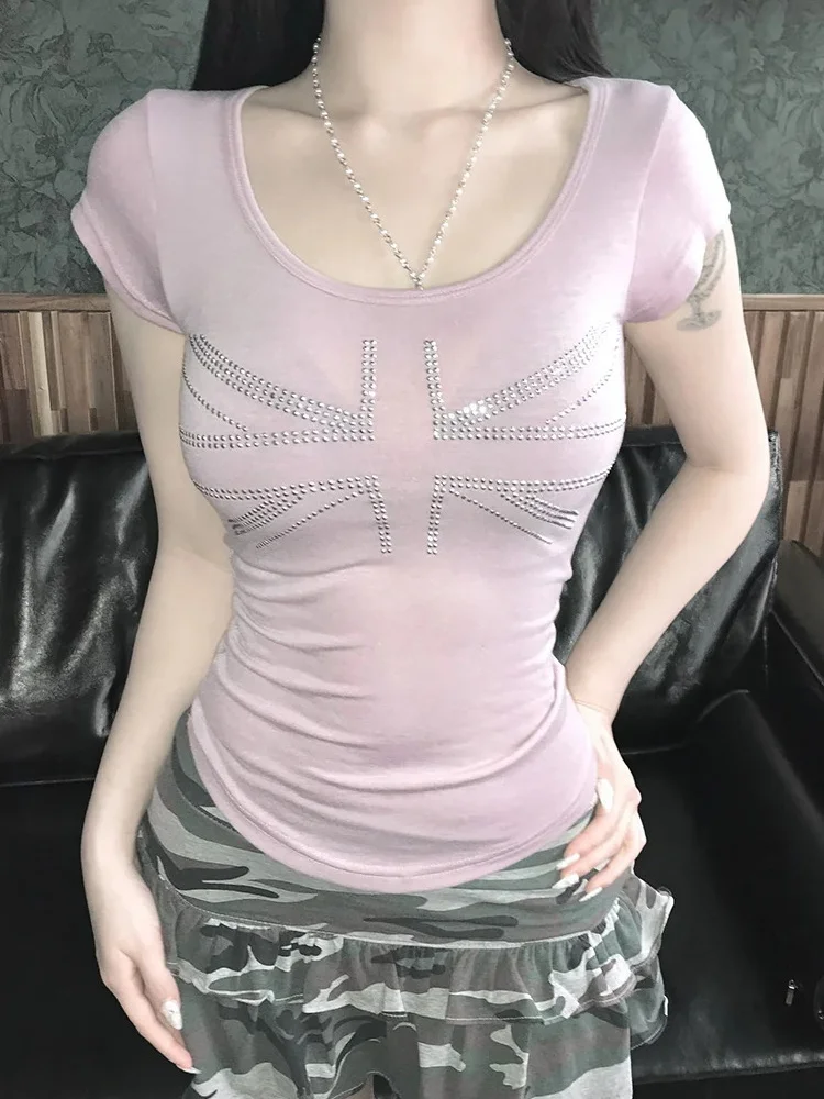 Summer Women Y2K Aesthetic Round Neck Fitted T-shirt British Flag Rhinestone Casual Streetwear Top