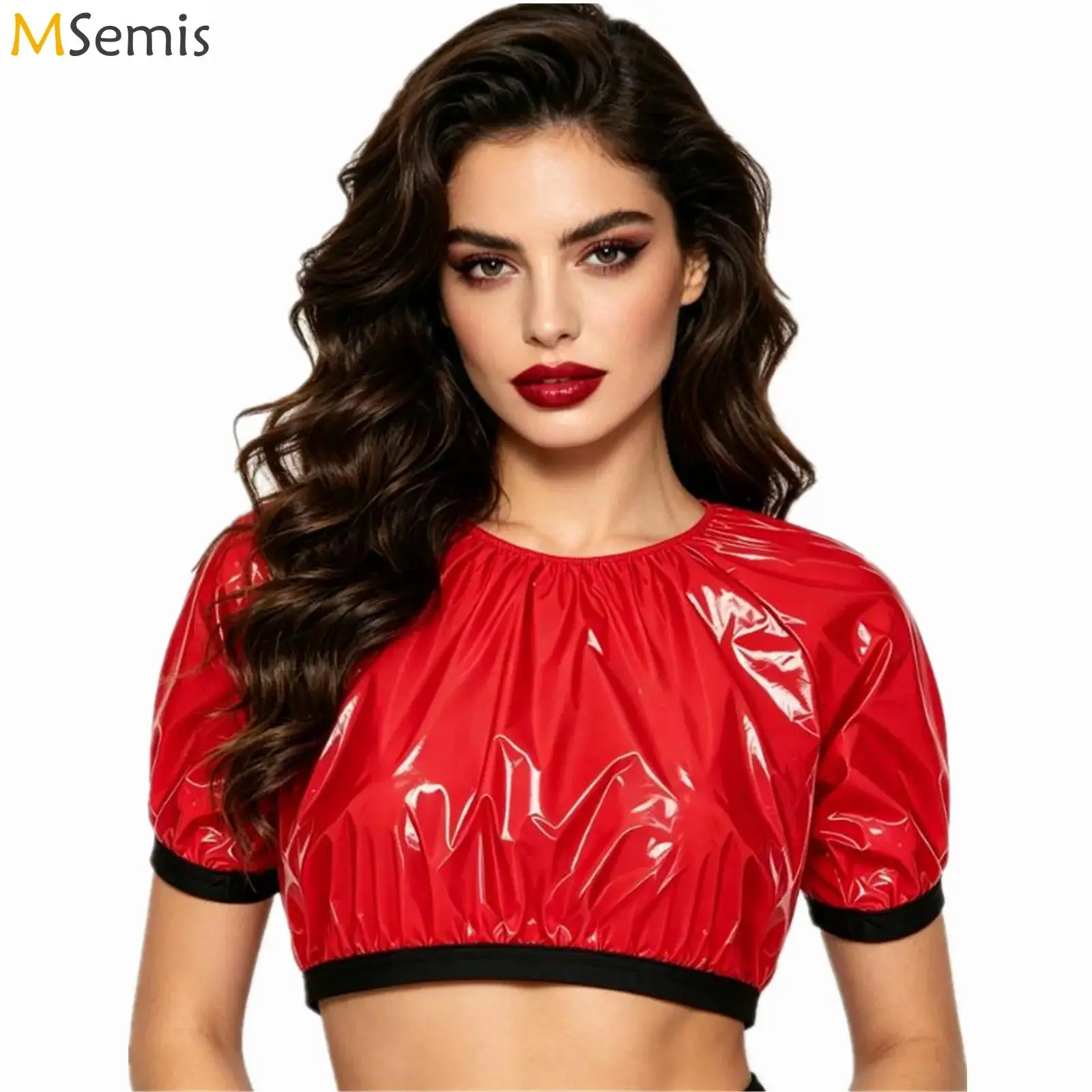 Womens Short Sleeve Pullover Vinyl T-shirt Swimsuit Waterproof Glossy Trims Swim Crop Top Rave Clubwear Special Needs Clothing