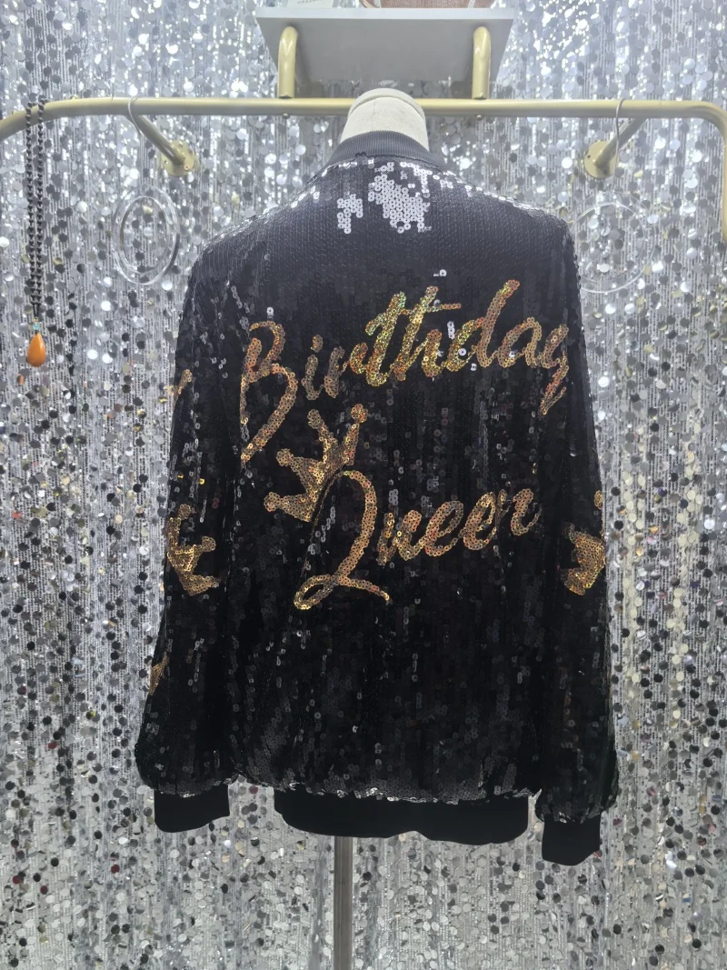 

Women's Autumn And Winter Long Sleeve Geometry Casual Streetwear Loose Outerwear Jackets Sequins Hip Hop Zipper Coats