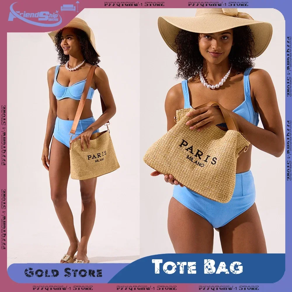 

2025 Fashion Letters Straw Women Handbags Casual Straw Shoulder Crossbody Bags Summer Holiday Beach Large Capacity Tote Bag