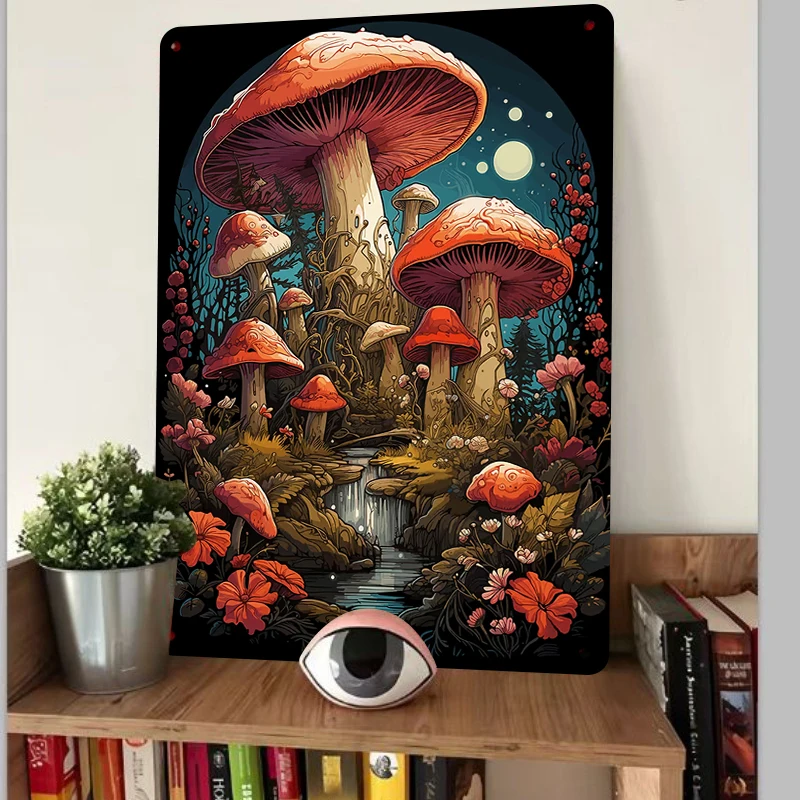 Dreamy Mushroom Forest Metal Wall Art Moonlit Fantasy Stream and Flowers Decor Painting