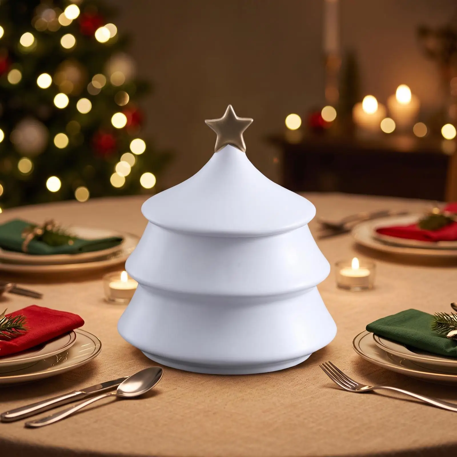 Sealed Ceramic Jar with Christmas Tree Design Star Topper Airtight Storage Canister for Dry Goods Candy Treats Kitchen Dining