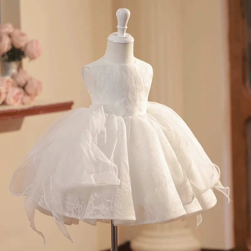 Vestido de renda branco de luxo para crianças, vestidos para festa de aniversário, casamento, bebê batismo, crianças, meninas