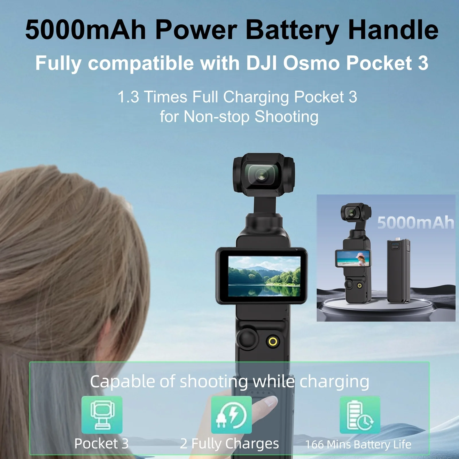 Alça de bateria para dji osmo pocket 3 criador combo portátil pocket3 acessórios 5000mah alça de carregamento de bateria com rosca de 1/4"