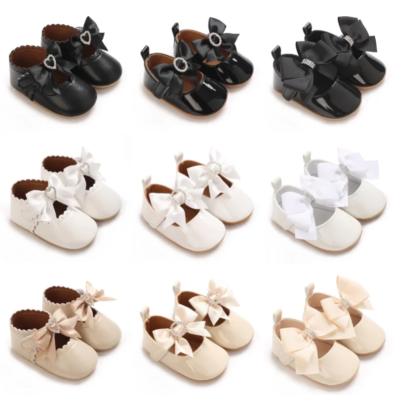 Princess Shoes for 0-1 Year Old Girls Classic Bow PU Formal Toddlers Walking Shoes First Steps Footwear