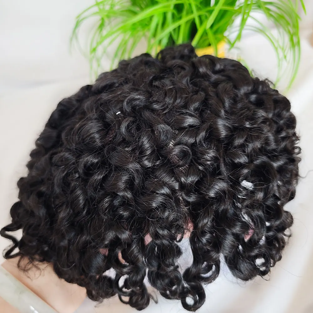Stock Fine Durable Mono Base Hair Curly System Toupee With Indian Human Hair Men's 6x8 7x9 8x10 Size Kinky Curly Toupee