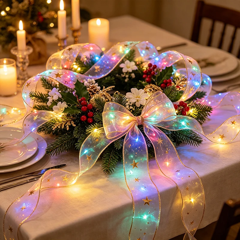 LED Christmas Ribbon Fairy Lights Battery‑Powered Flexible Star Print Organza Ribbon Lights Versatile Xmas Ornament for Tree