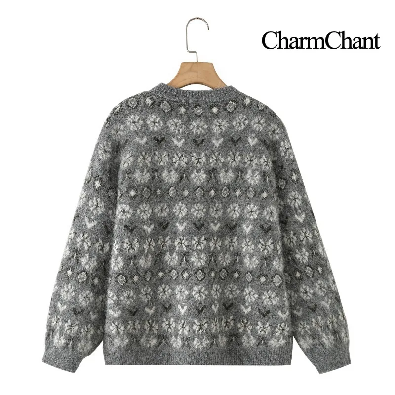 CharmChant グレー フェアアイル プリント クルーネック セーター 女性用 オーバーサイズ ダメージ加工 ニットウェア ジャンパー 長袖 トップス プルオーバー 女性用