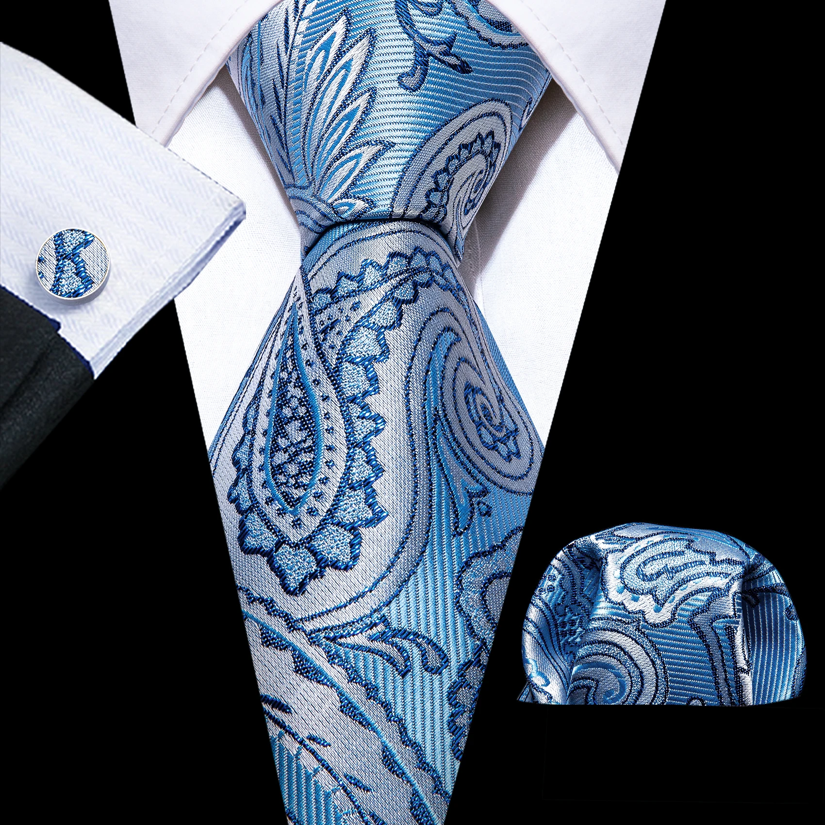 Picture 3: Fashion Men Tie Royal Blue Dark Blue Navy Solid Paisley Striped Plaid Necktie Handkerchief Cufflinks Barry. Wang