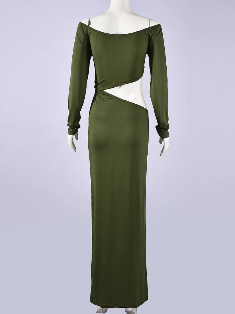 SsTss-Vestido largo verde de verano para mujer, vestido largo a la moda con cuello en V y hombros descubiertos, manga larga, corte ajustado, para fiesta en la playa y Club