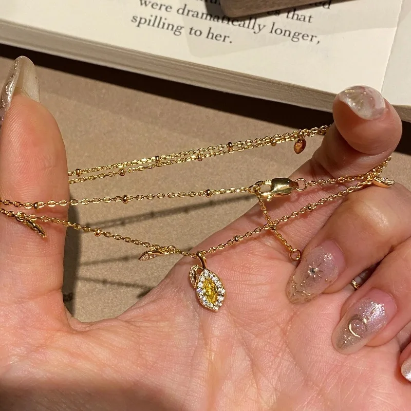 Retro Vintage Inlaid Leaves Yellow Diamond earrings for women Necklaces High Grade Light Luxury Exquisite Jewelry Sets