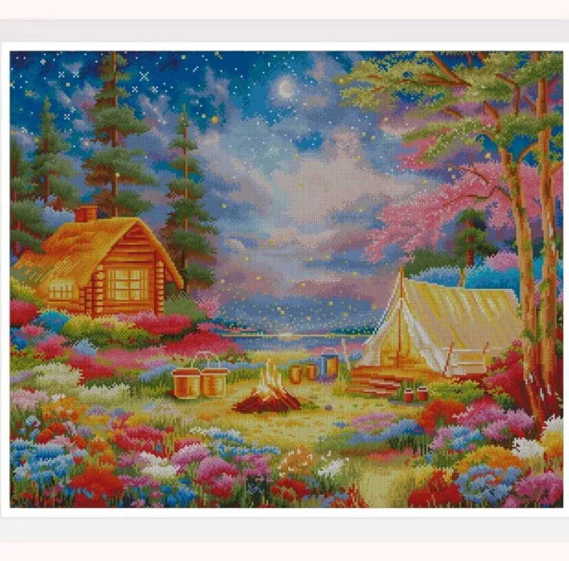 

9ct 100x85cm Night bonfire Printed Kit Cross Stitch Embroidery DIY Needlework Set Crafts With Needles Threads 65 Colors