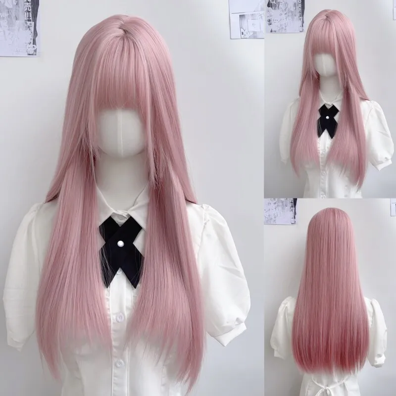 LM Cosplay Hair Wig 24Inch Synthetic Long Straight Pink Wig With Bangs Heat-Resistant For Women