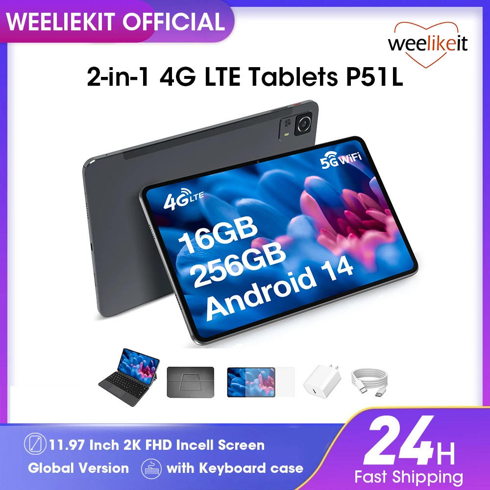 P51L Android 14 Tablet 11,97 Zoll, UNISOC T616 Octa Core, 16 GB RAM + 256 GB ROM/TF 1 TB, Widevine L1 2K FHD Cellular Tablet mit