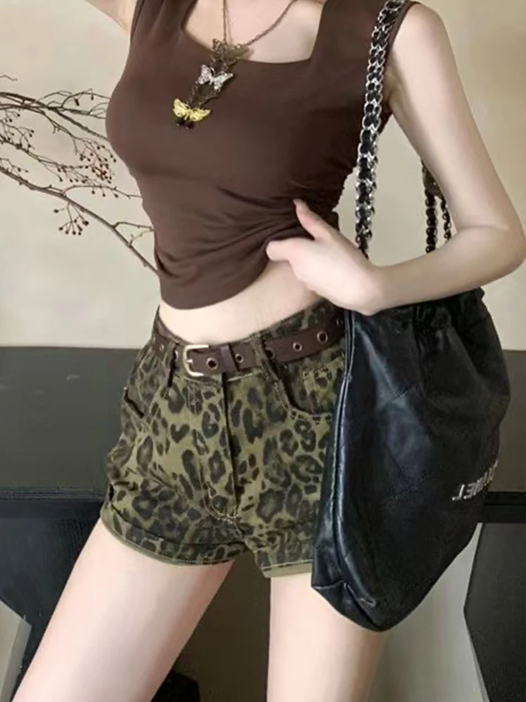 

Summer Women Dark Academia Y2k Gyaru Low Waist Leopard Print Denim Shorts 2000s Kpop Japanese Harajuku Cyber Punk Jean Hot Pants
