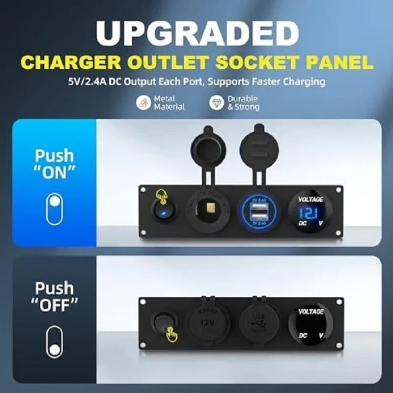 Painel de Tomada 4 em 1 ON/OFF com Carregador, Porta USB Dupla, Voltímetro LED e Tomada de Acendedor de Cigarros com Interruptor LED