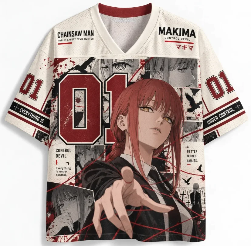 Chainsaw Man Machima Printed Mesh Sports Quick Drying V-neck Anime Cool Control Devil Marcima Pattern Number 01 Sports Shirt