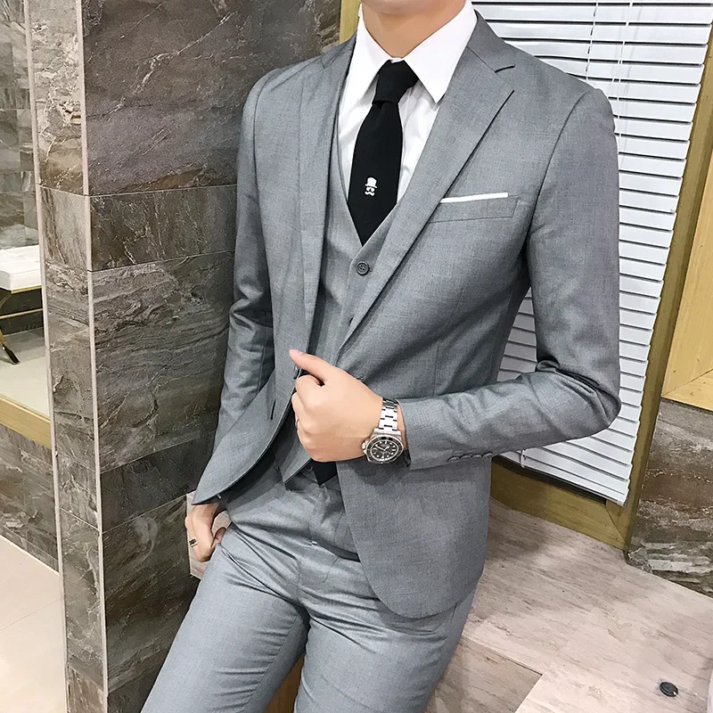Suit  Fashionable and formal outdoor gentleman solid-color men's business wedding hosting banquets casual and fitted gentle suit