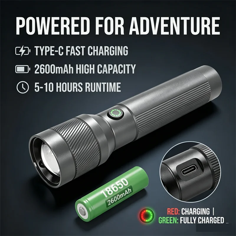 Zoomable Super Bright LED Flashlight Rechargeable Long Lasting Torch for Camping Hiking Emergency & Outdoor Activities