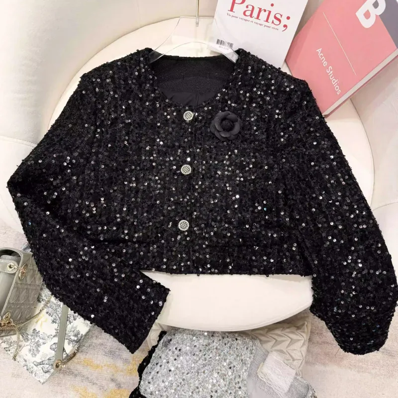 Early Autumn New French Luxury Sequins Tweed Coats Fashion Vintage 3D Flower Short Jackets For Women Elegant Fashion Outerwears