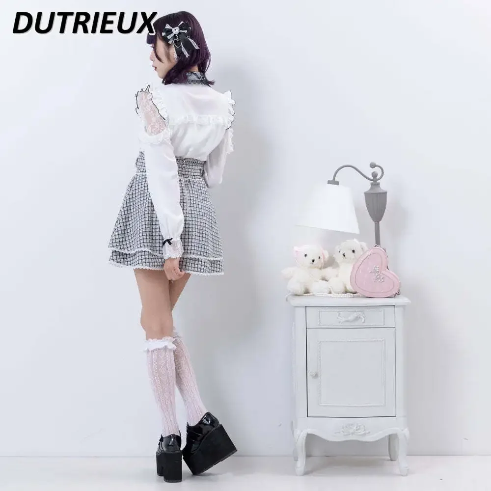 Japanese Style Sweet Lace Stitching Shirt Bow Off-the-Shoulder Bow Long Sleeve Bottoming Blouse Heavy Industry Lady Tops