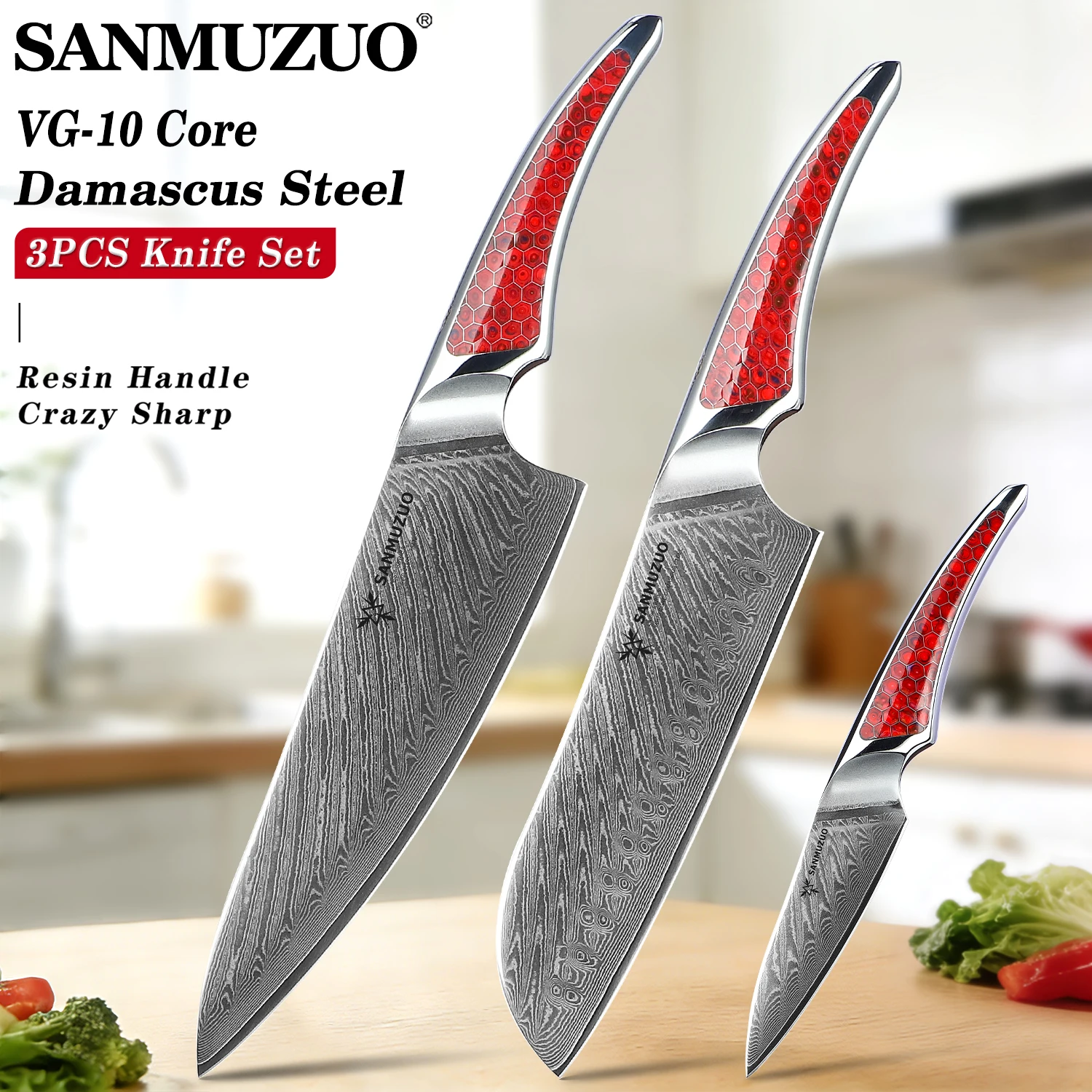 

3PCS Ultra Sharp Kitchen Knife Set - Damascus Steel Chef Santoku Paring Knife with Resin Handle - Professional Cooking Knife Kit