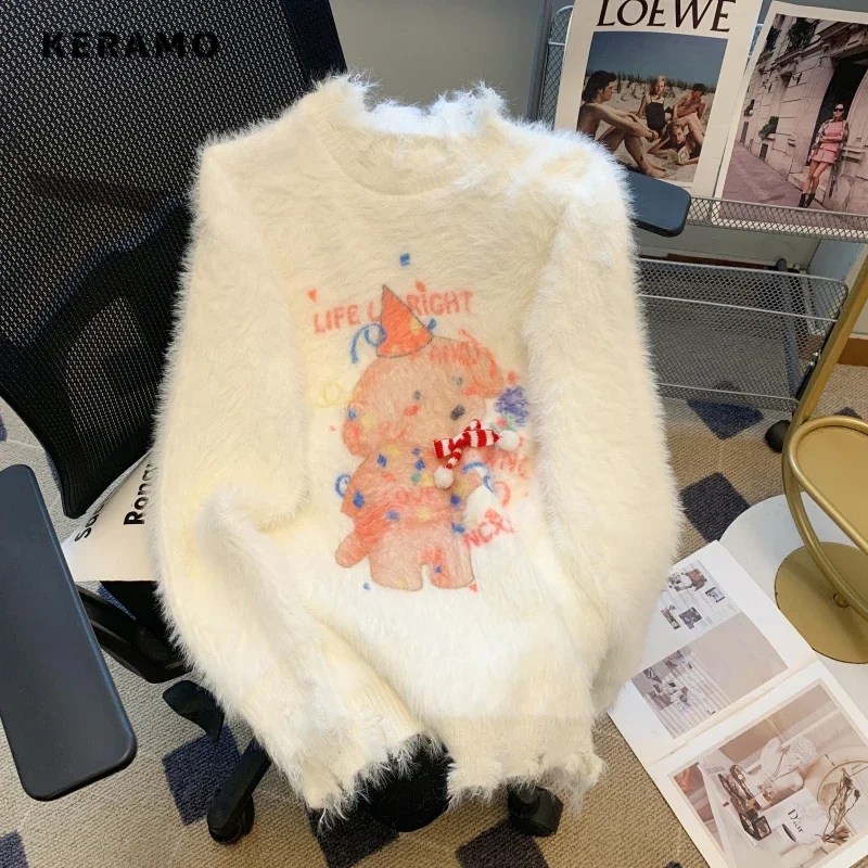 

Korean Sweet Casual Y2K Knitting Long Sleeve Warm Pullovers 2023 Winter Women Letter Print Round Neck Ladies Animal Sweater