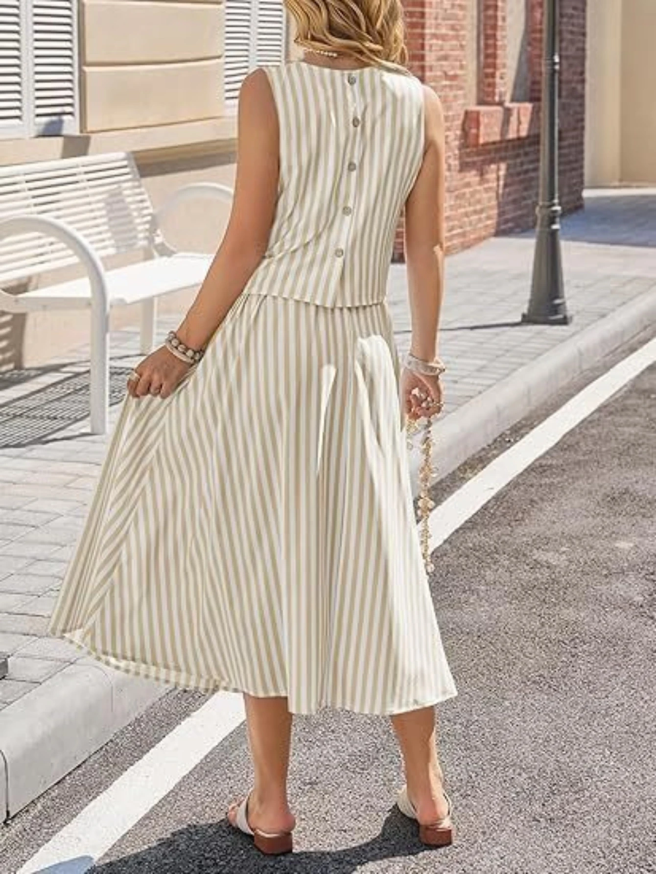 Women Two Piece Vacation Sleeveless Outfit Spaghetti Strap Tops and Maxi Skirts with Pockets Crew Neck Vest Swing Long Skirt Set