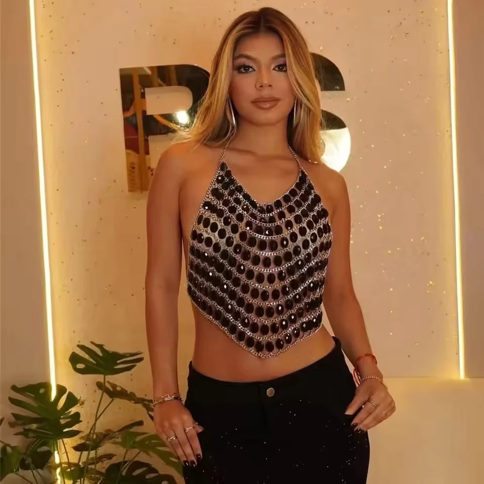 

New Summer Beach Vacation Black And White Gemstone Small Vest Halter Neck Crop Top Festive Sparkling Versatile Top