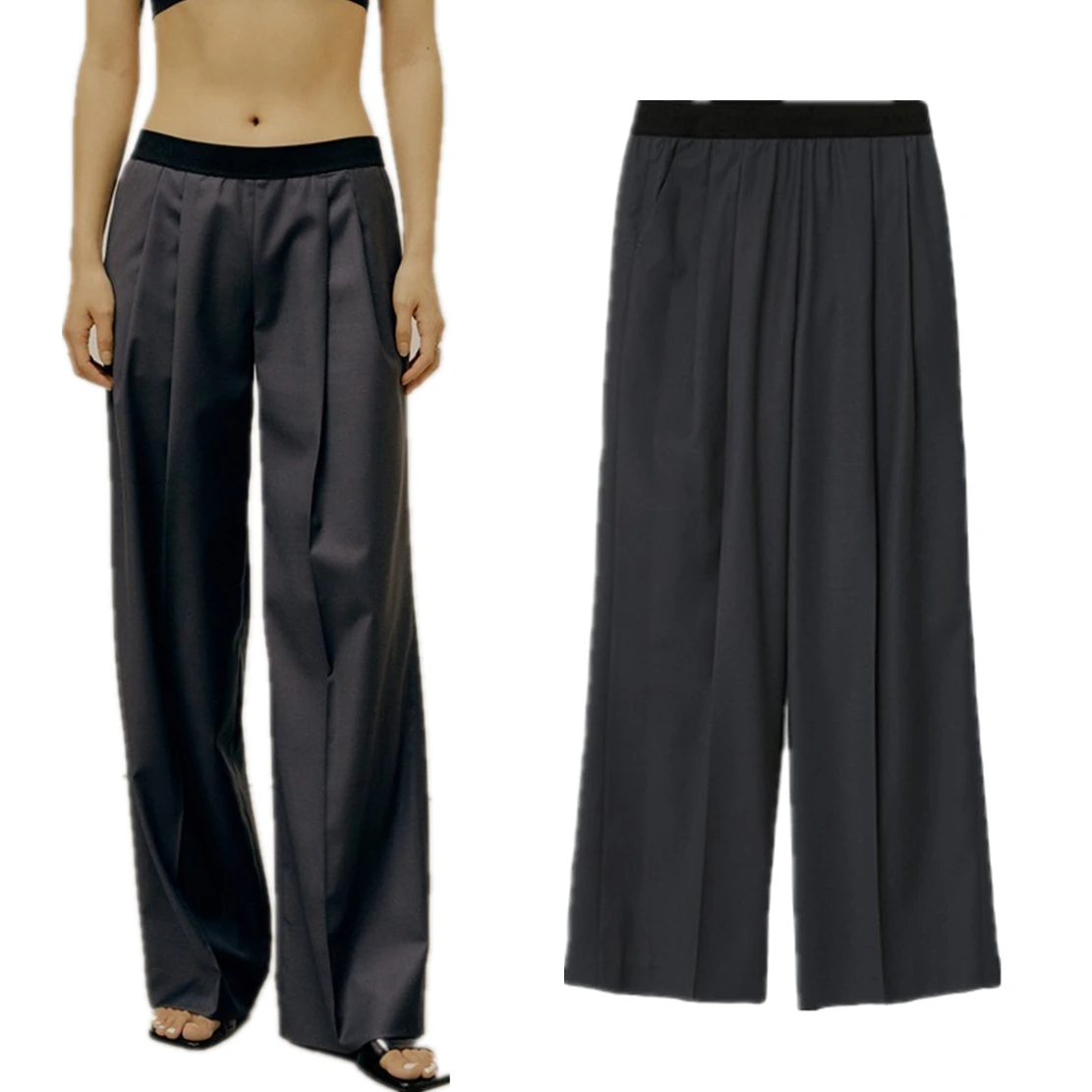 

Jenny&Dave Commuting Elastic Waist Straight Leg Wide Leg Pants Fashion Ladies Minimalist High Waist Casual Pants Women