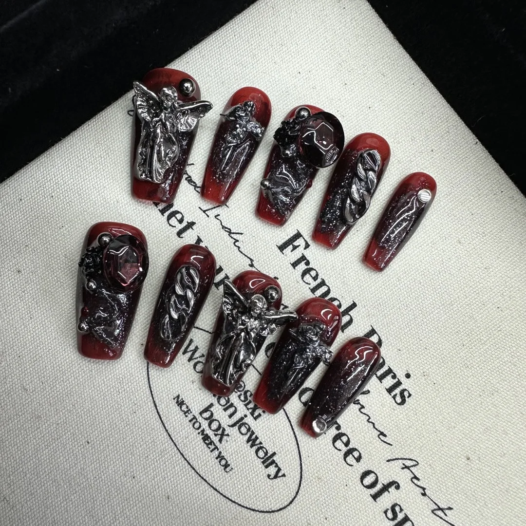 

Handmade Y2k Press on Nails Goth Style Black and Red Halloween Fake Nails with Design Full Cover Long Coffin Acrylic Nail Tips